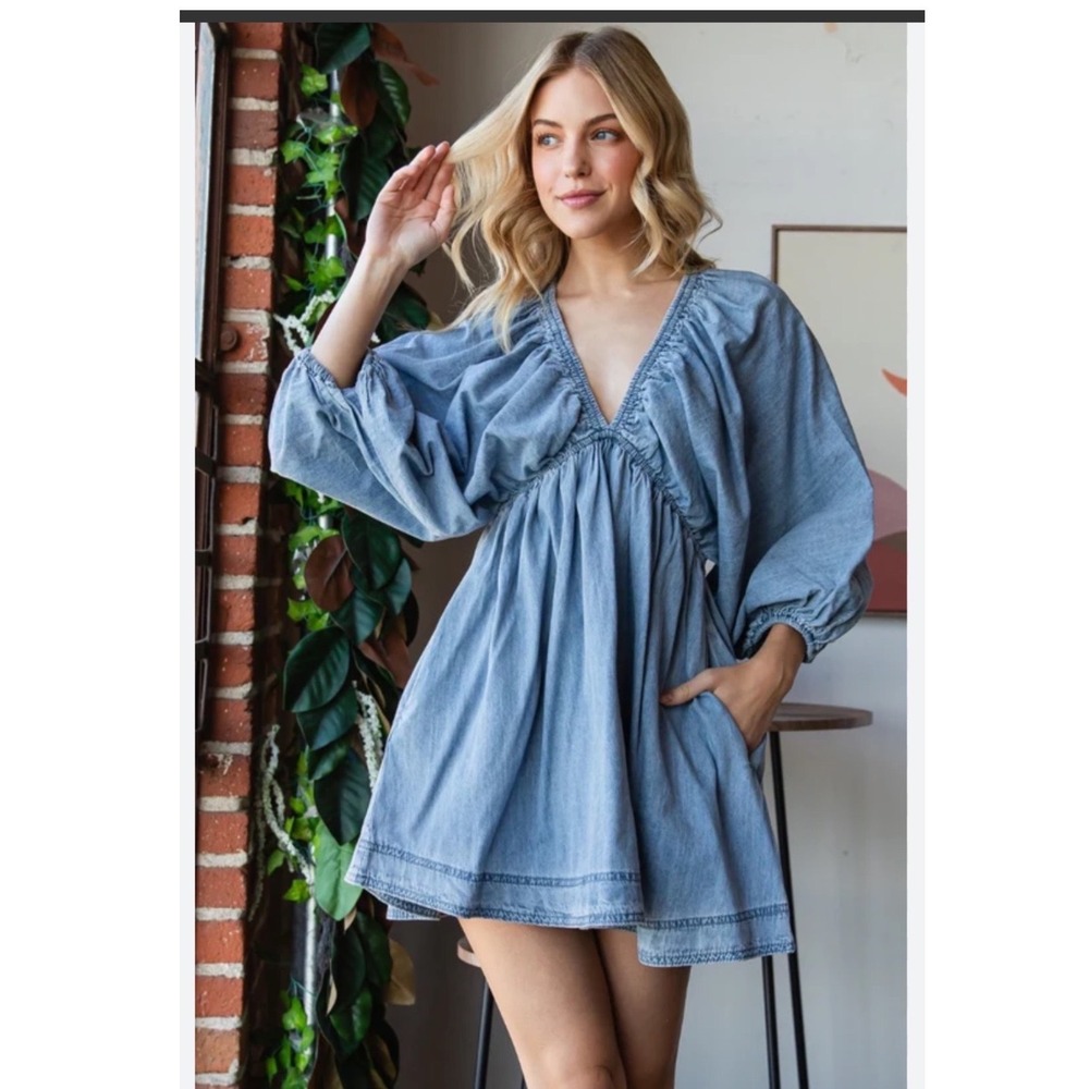 VEVERET Denim Mini Dress Large Blue Chambray V-Neck Balloon Sleeve Boho Babydoll